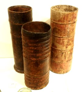 Three beakers, from Smaland and Ostergotland, undated, birch wood turned and painted red - Nordiska museet - Stockholm, Sweden - DSC09770