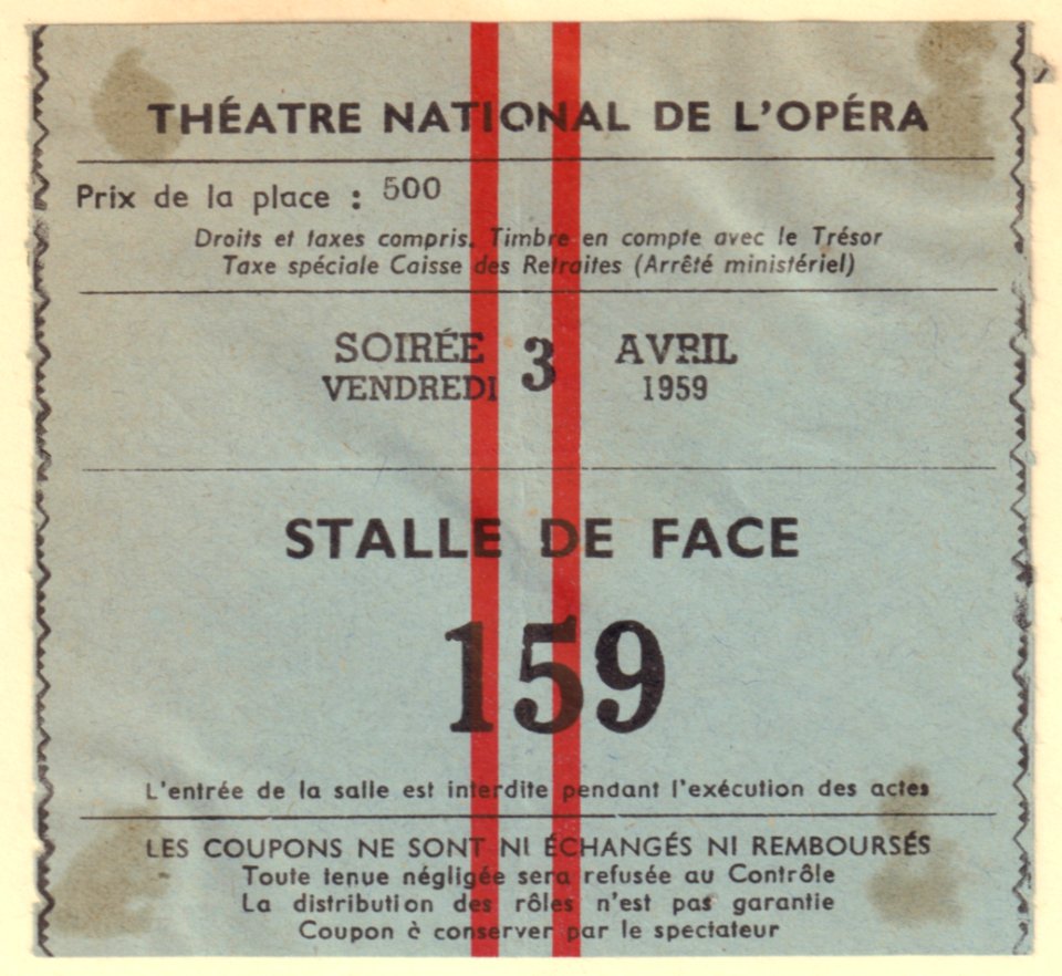 Ticket Théatre National de l'Opéra, Parijs April 1959