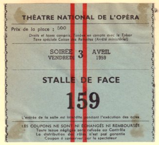 Ticket Théatre National de l'Opéra, Parijs April 1959