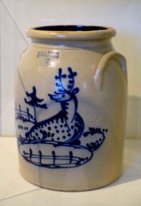 Three gallon storage jar with deer decoration, J. & E. Norton, c. 1855, salt-glazed stoneware with cobalt slip - Bennington Museum - Bennington, VT - DSC08500