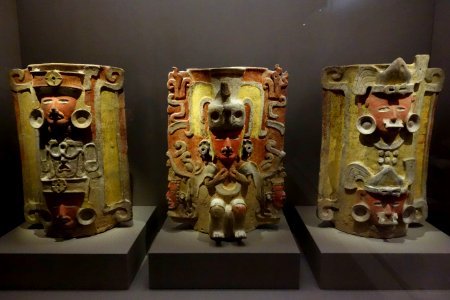 Three censers, Mexico or Guatemala, Central Maya area, Early Classic Maya, 250-550 AD, earthenware and pigment - De Young Museum - DSC00568