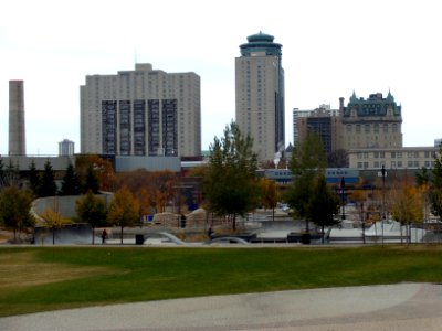 The Plaza Skatepark at the Forks, Winnipeg, with downtown buildings visible in background 01