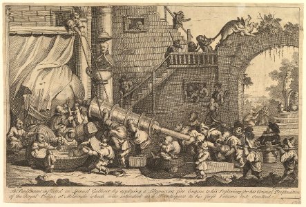 The Punishment Inflicted on Lemuel Gulliver by applying a Lilypucian fire Engine to his Posteriors for his Urinal Profanation of the Royal Palace at Milendo which was intended as a Frontispiece to his first Volume but Omitted photo