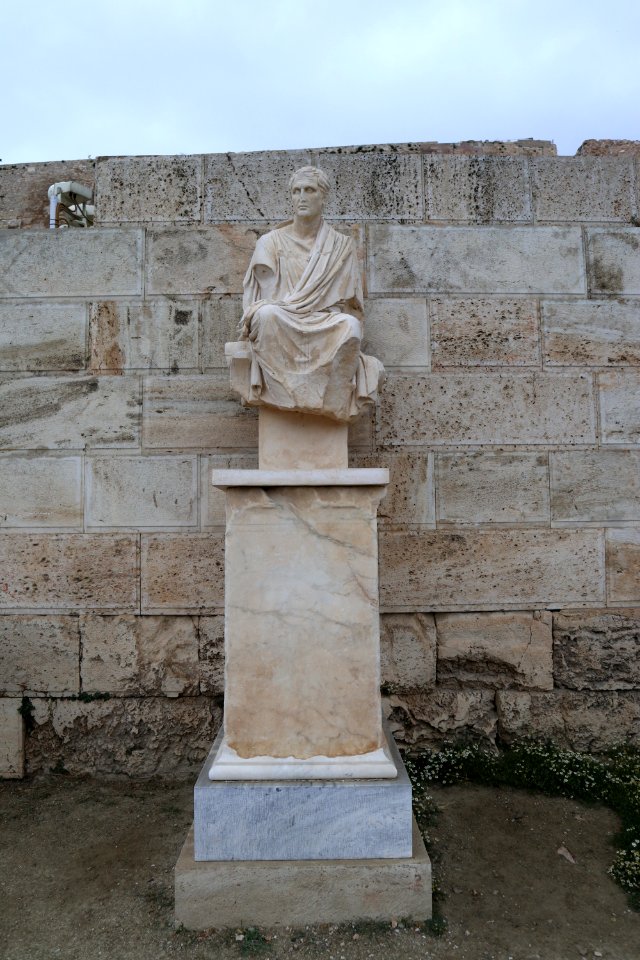 The replica of the bronze statue of the poet Menander at the entrance of the Theatre of Dionysus (336-324 B.C.?) in Athens (2)