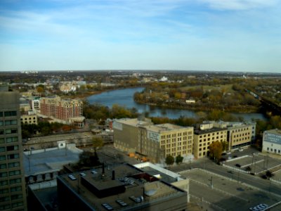 The Red River of the North flowing through downtown Winnipeg's Waterfront district