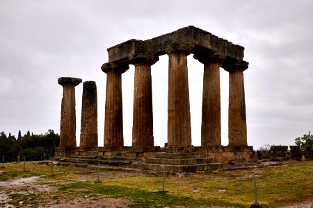 The remains of the Archaic Doric Temple of Apollo in Corinth on 6 April 2019