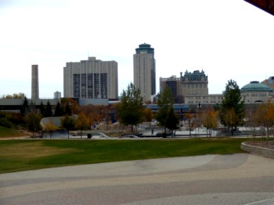 The Plaza Skatepark at the Forks, Winnipeg, with downtown buildings visible in background 02