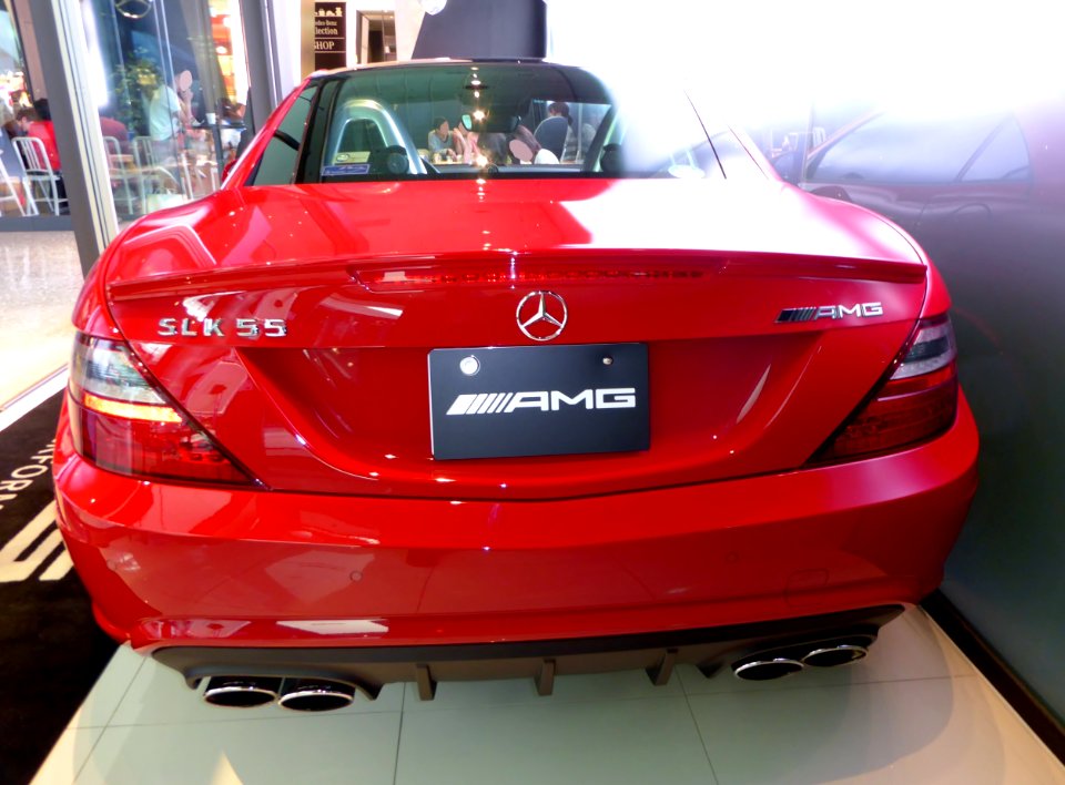 The rearview of Mercedes-Benz R172 SLK55 AMG with her roof closed