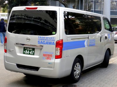 The rearview of Nissan NV350 CARAVAN (E26) as delivery van of Sagawa Express