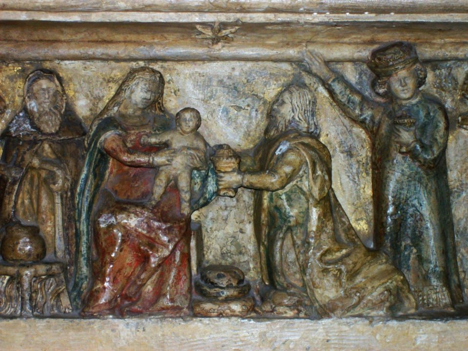 The Nativity, detail of reredos, St Mary, Wingham