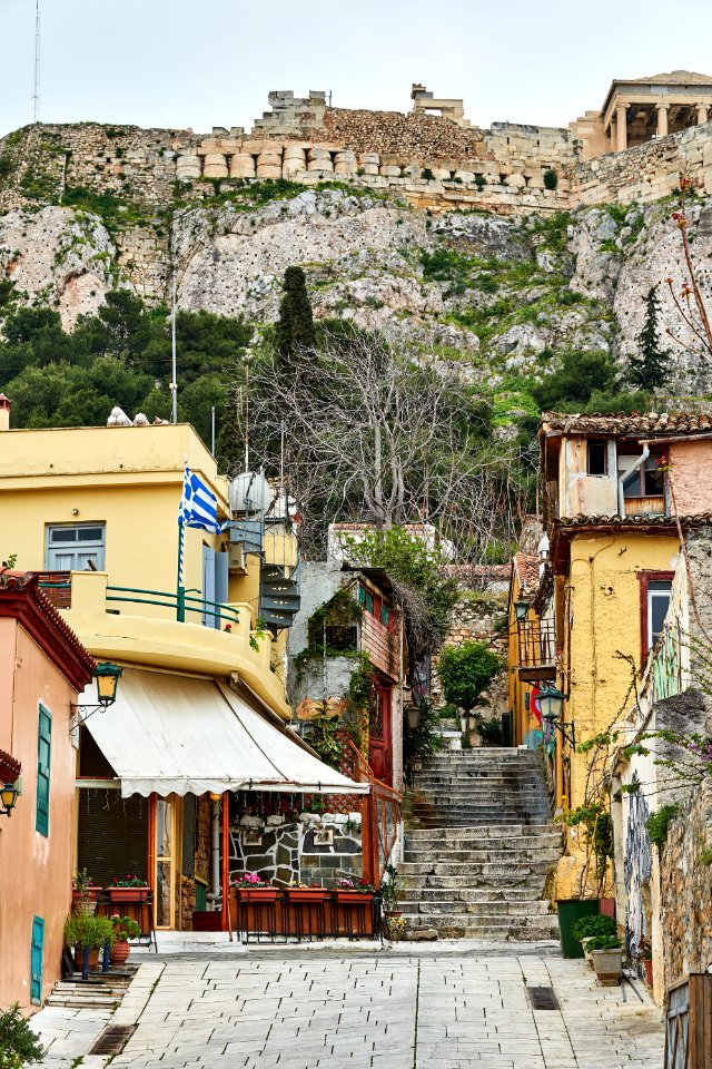The volute drums of the Pre-Parthenon from Klepsidras Street in Plaka on April 1, 2020