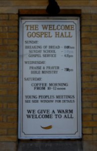The Welcome Gospel Hall, High Street, Winchester (June 2019) (Signboard)