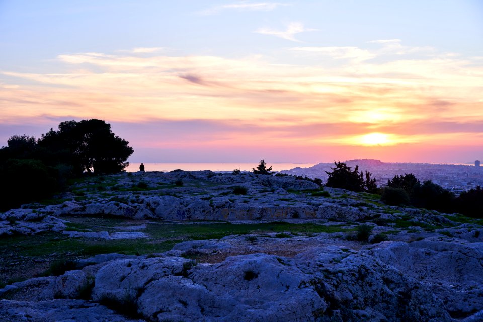 The Saronic Gulf and the peninsula of Piraeus at sunset from the plateau of Melite on December 18, 2019