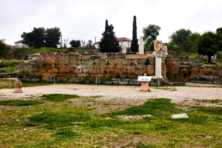 The rostra (Bema) in the Roman forum of the Ancient Corinth on 6 April 2019