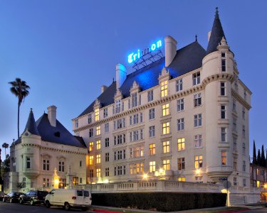 The Trianon and Neon Roof Sign from southwest at night 2015-06-21