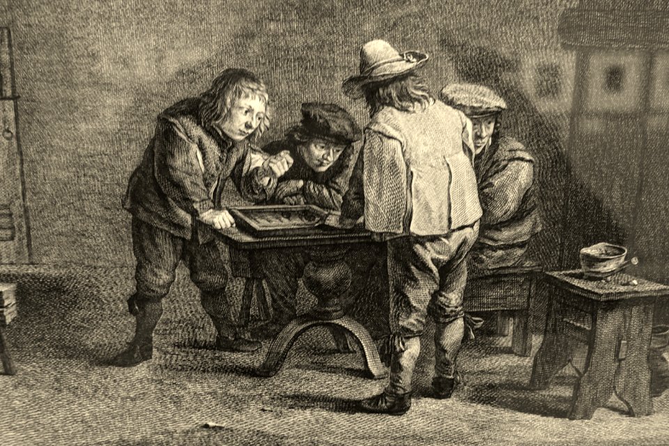 The tric-trac game (detail), by Jacques Philippe Lebas after David Teniers the younger, 1700s or 1800s, engraving - Villa Vauban - Luxembourg City - DSC06566