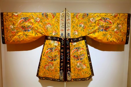 Theatrical robe with peaches, butterflies, bats, and clouds, China, Imperial Silk Manufactory, Suzhou, Qianlong period, 1736-1795 AD, silk - Peabody Essex Museum - DSC08007