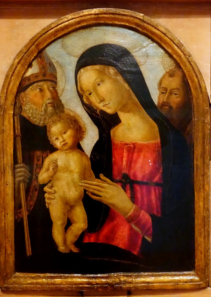 The Virgin and Child with Saints Augustine and Francis, workshop of Neroccio di Bartolomeo de' Landi, c. 1496, oil and tempera on panel - Krannert Art Museum, UIUC - DSC06363