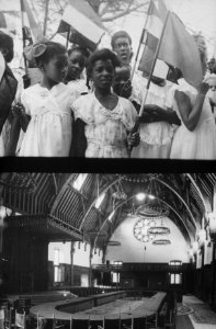 Twee foto's. Surinaamse kinderen met vlaggenHet interieur van de Ridderzaal op , Bestanddeelnr 254-6263