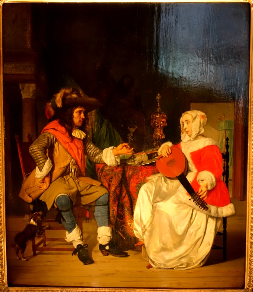The Tête-à-Tête, A Lady Playing a Lute, and a Cavalier, by Gabriël Metsu, c. 1662-1665, oil on panel - Waddesdon Manor - Buckinghamshire, England - DSC07698