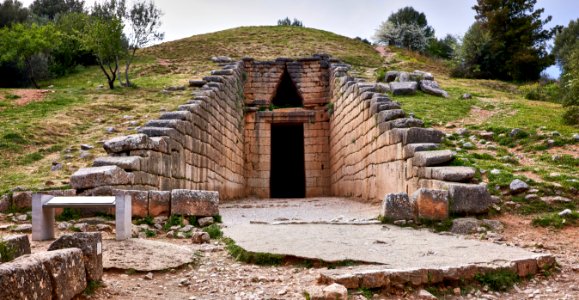 The tholos tomb Treasury of Atreus or Tomb of Agamemnon in Mycenae on March 26, 2019