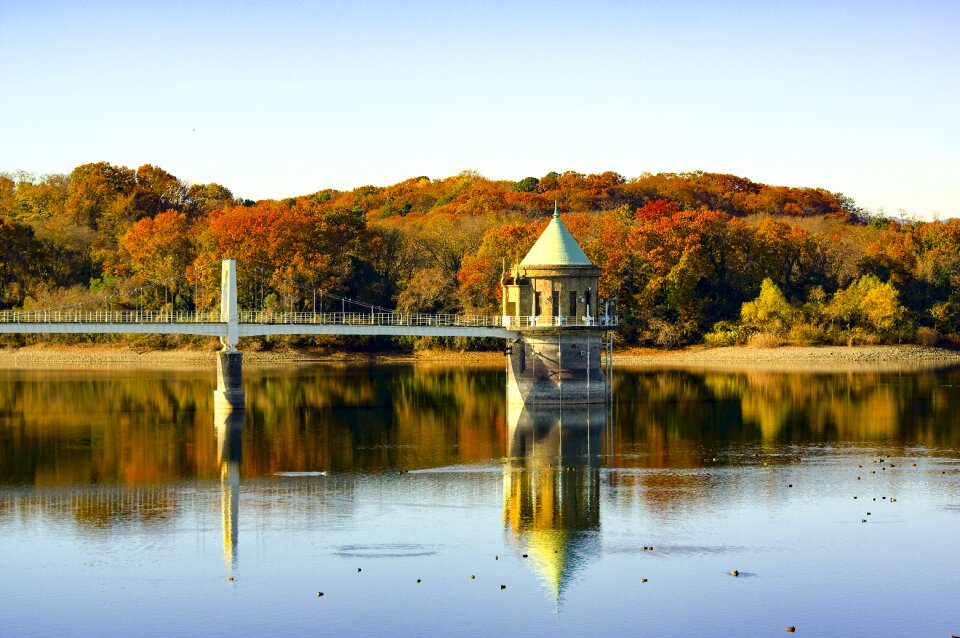 Reservoir intake tower autumnal leaves