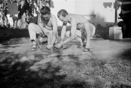 Twee Nederlandse mannen bezig met een kistje. Een klein aapje kijkt toe, Bestanddeelnr 198-3-4