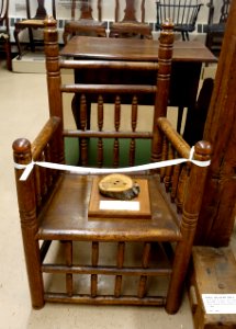 Turned armchair, replica of 17th century Reverend John Eliot chair, 1886-1888, made from wood of the Avery Oak - Dedham Historical Society - Dedham Massachusetts - DSC04201