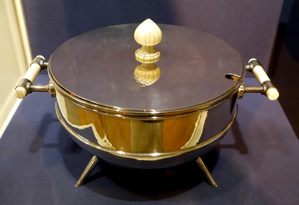 Tureen, Christopher Dresser designer, Hukin & Heath, London, England, silverplate, ivory - Dallas Museum of Art - DSC05150