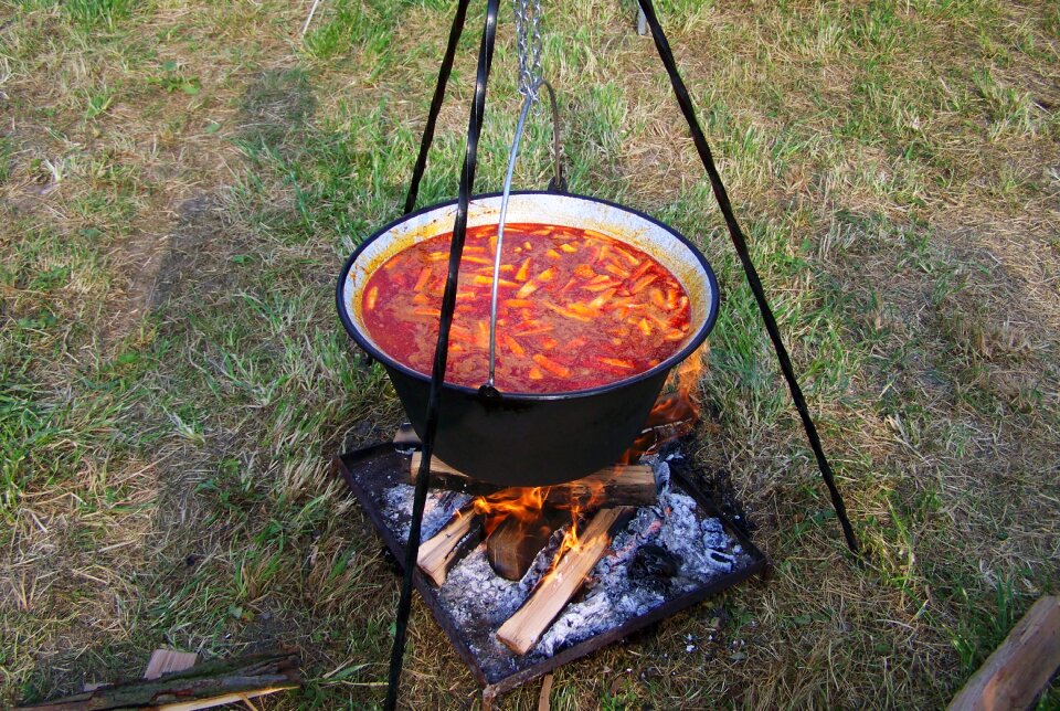 Kettle goulash food cooking on an open