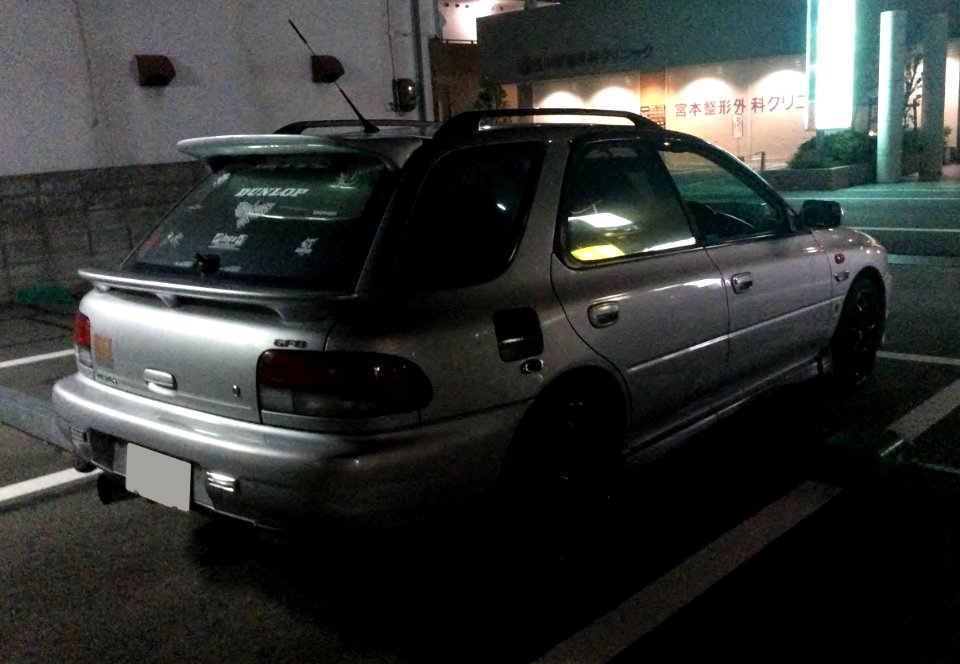 Tuned Subaru Impreza Sportswagon WRX (GF8) at night rear