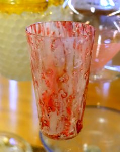 Tumbler in End of Day glass, Boston & Sandwich Glass Company, 1860-1880, glass, mica inclusions - Old Colony History Museum - Taunton, Massachusetts - DSC03874