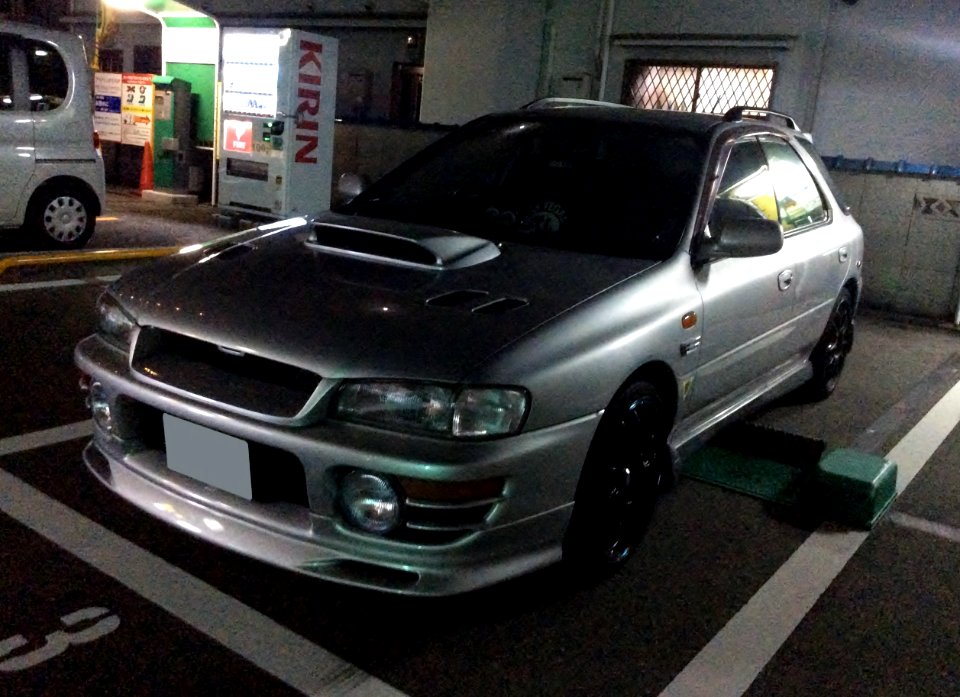 Tuned Subaru Impreza Sportswagon WRX (GF8) at night front