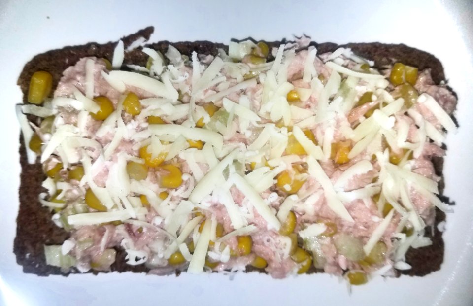 Tunafish with corn, celery, and grated Jarlsberg cheese on German three-grain bread, all chilled - Arlington, MA
