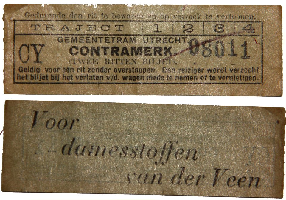 Tweerittenbiljet Gemeentetram Utrecht