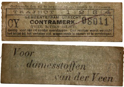 Tweerittenbiljet Gemeentetram Utrecht