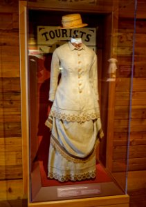 Two-tone linen bustle dress and straw hat, c. 1880 - Kennedy Space Center - Cape Canaveral, Florida - DSC02545