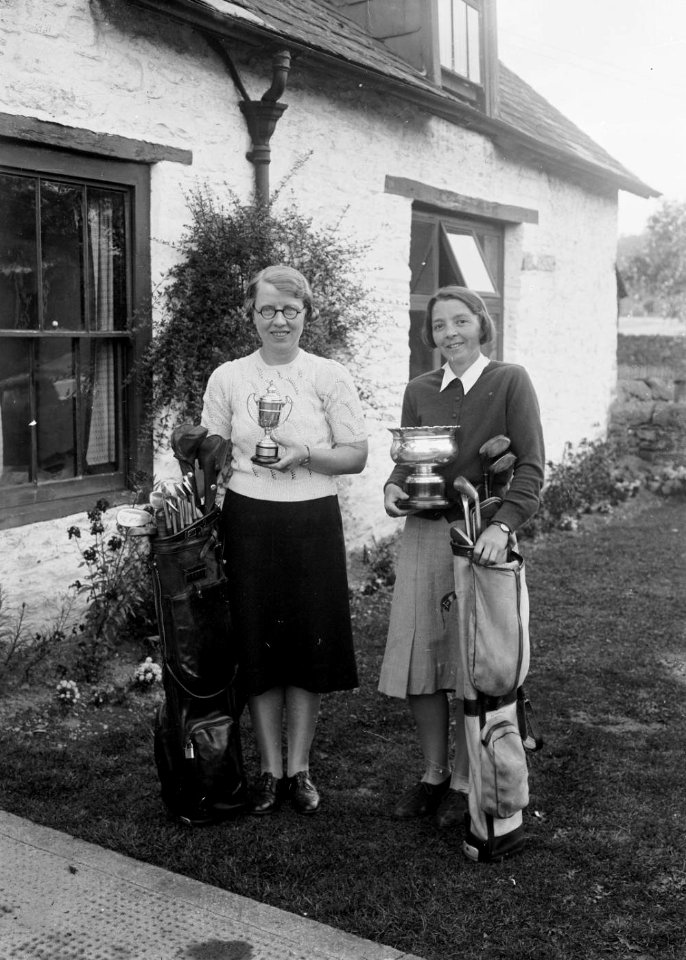 Two lady golfers with golf clubs and trophies, Builth Wells (1294701)