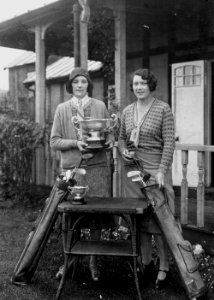 Two lady golfers, one holding the Llandrindod Wells Open Challenge Bowl (1293688)