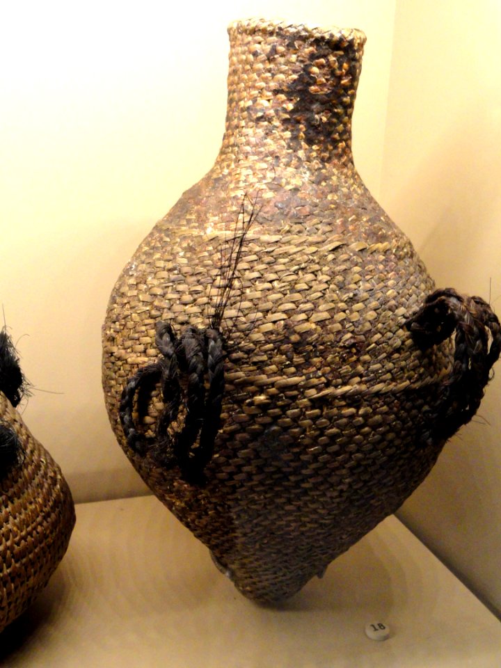 Twined water jar, late 1800s, White Mesa Ute, Utah, plant material, pine pitch, horsehair - Natural History Museum of Utah - DSC07302