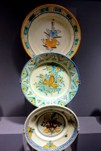Two dishes and a plate, top and bottom perhaps Slovakia, middle Boleraz, Slovakia, all late 1800s, ceramic - Museum of Anthropology, University of British Columbia - DSC08793
