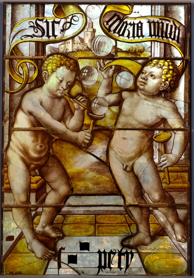 Two Boys blowing Bubbles (Homo Bulla), Cloister of the Cistercian Monastery, Altenberg, Cologne, c. 1530, stained glass - Museum Schnütgen - Cologne, Germany - DSC09756