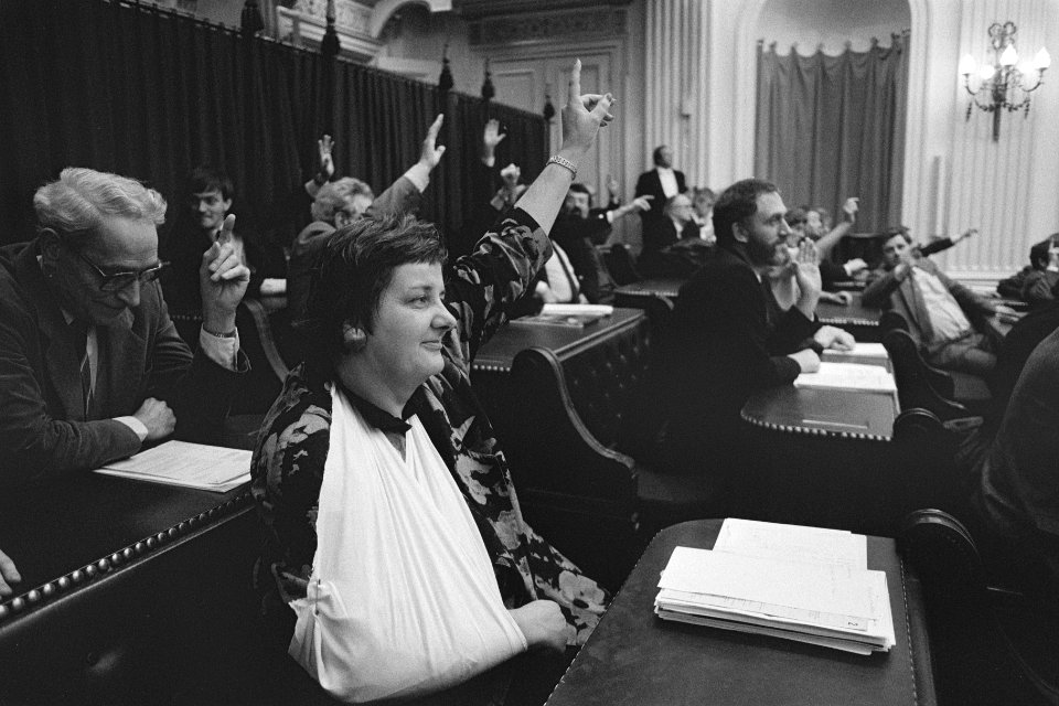 Tweede Kamer Erica Terpstra (VVD) met gebroken arm tijdens een stemming, Bestanddeelnr 933-8175