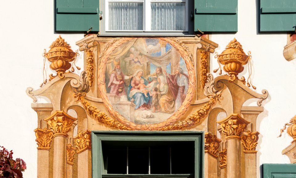 Mural meeting Jesus John the Baptist as children, Oberammergau, Bavaria, Germany