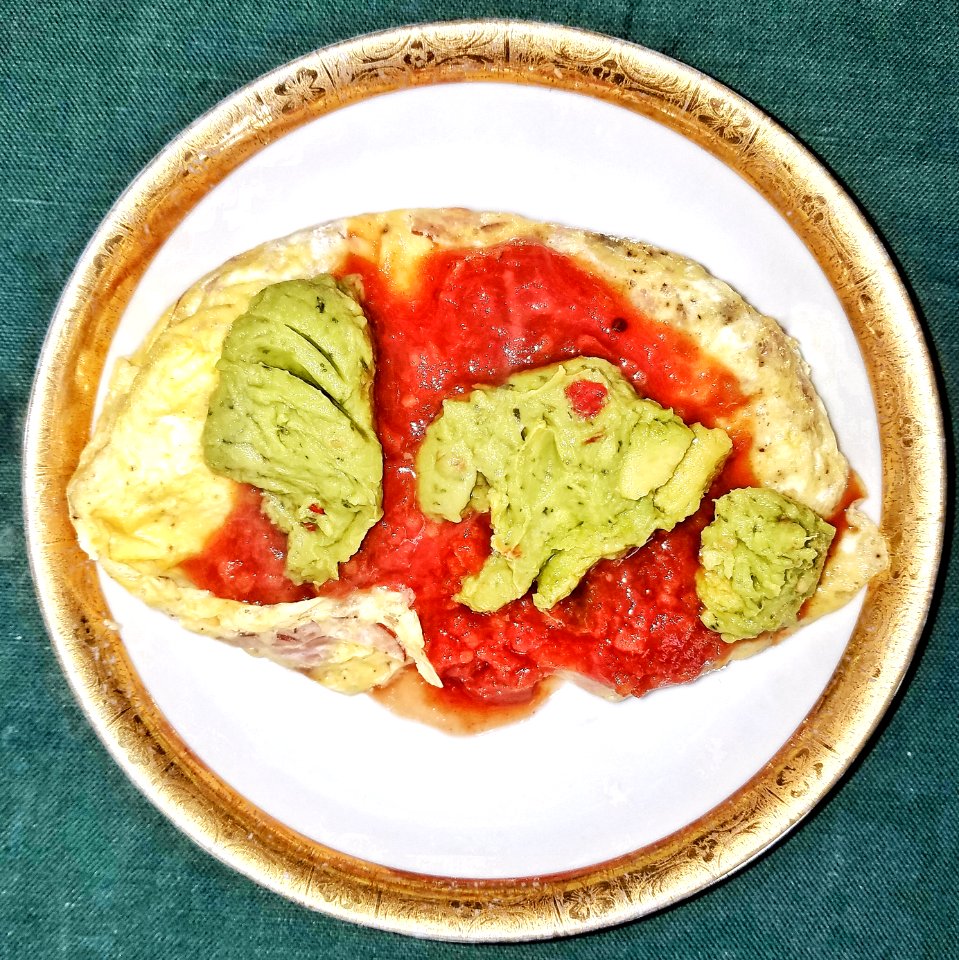 Omelet in a bag, with ham, cheddar, salsa, and guacamole - Massachusetts