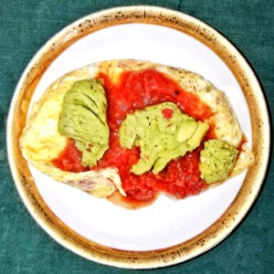 Omelet in a bag, with ham, cheddar, salsa, and guacamole - Massachusetts