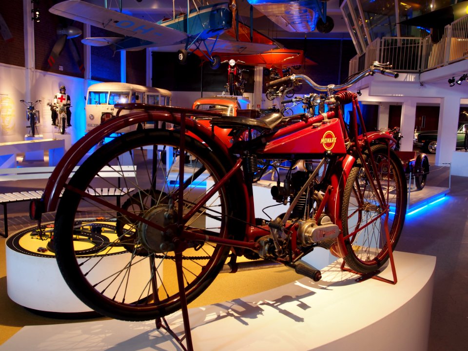 Old red colored Monark motorcycle pic1 Teknikens och Sjöfartens hus, Science and Maritime House