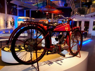 Old red colored Monark motorcycle pic1 Teknikens och Sjöfartens hus, Science and Maritime House