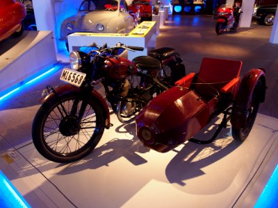 Old red colored Typhoon motorcycle combination pic1 Teknikens och Sjöfartens hus, Science and Maritime House