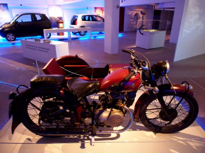 Old red colored Typhoon motorcycle combination pic4 Teknikens och Sjöfartens hus, Science and Maritime House
